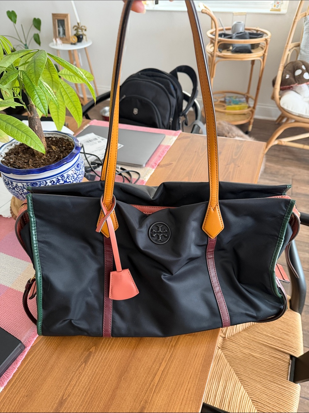 Tory Burch Black Nylon Tote with Multicolor Leather Trim